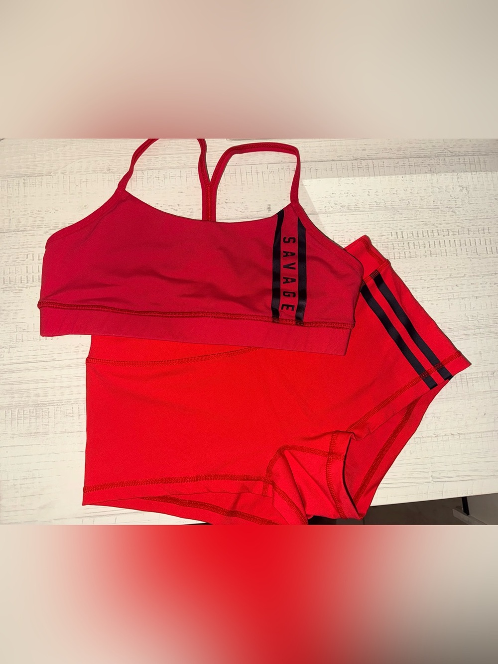 Savage Barbell Red Sport Bralette and Shortie Set with Black Stripe